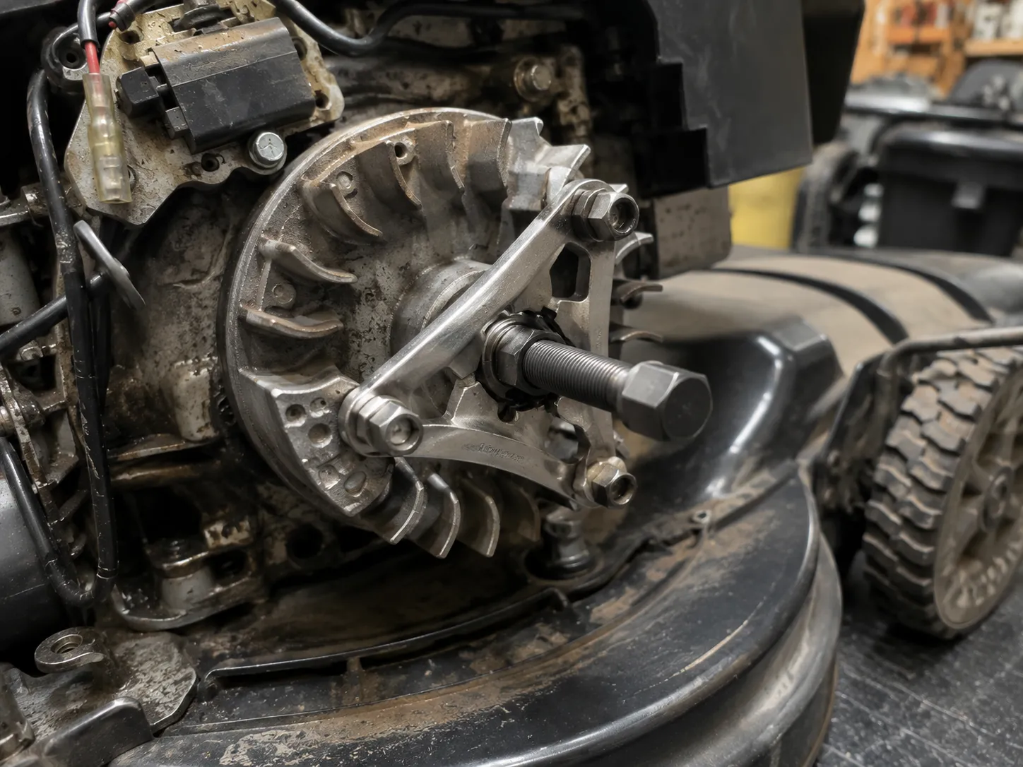 Three-arm flywheel puller installed on a small engine flywheel with the center forcing screw engaged, preparing the flywheel for removal during ignition repair.