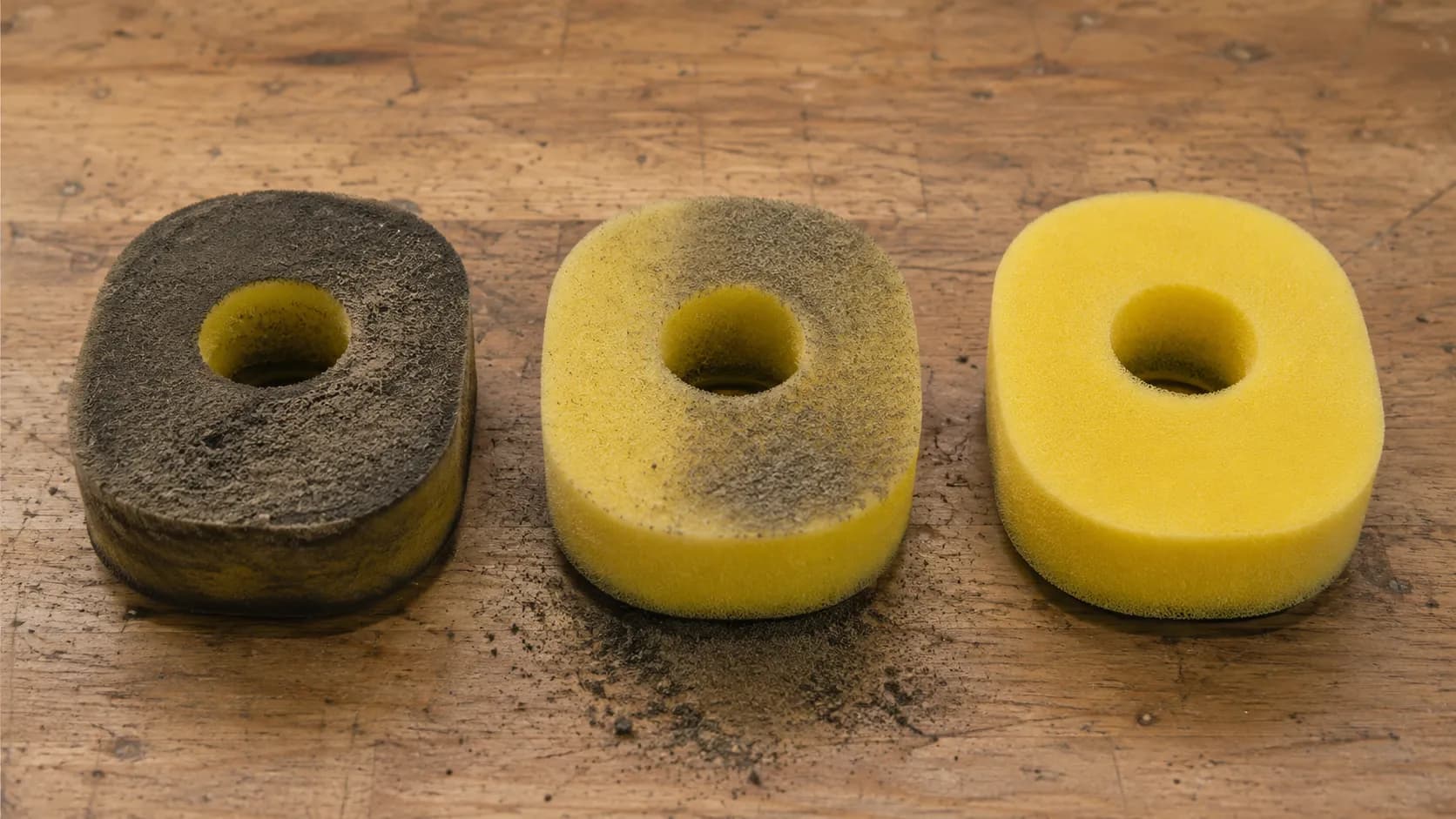 Three identical yellow foam lawn mower air filters showing heavily dirty, tapped clean, and fully washed stages on a wooden workbench, illustrating how washing removes far more dust than tapping.