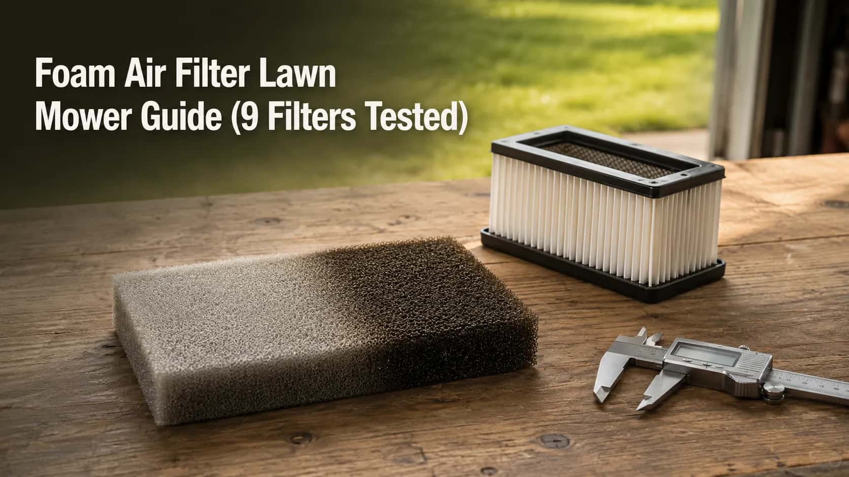 Oil-darkened and clean foam lawn mower air filter beside a white pleated paper air filter and digital caliper on a wooden workbench, comparing small engine air filter types and condition.