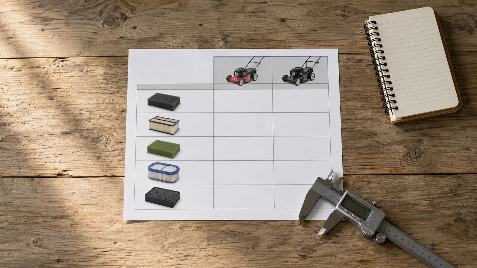 Overhead view of a lawn mower air filter testing log sheet with a digital caliper and spiral notebook on a wooden workbench, illustrating the methodology used to compare nine foam air filters.