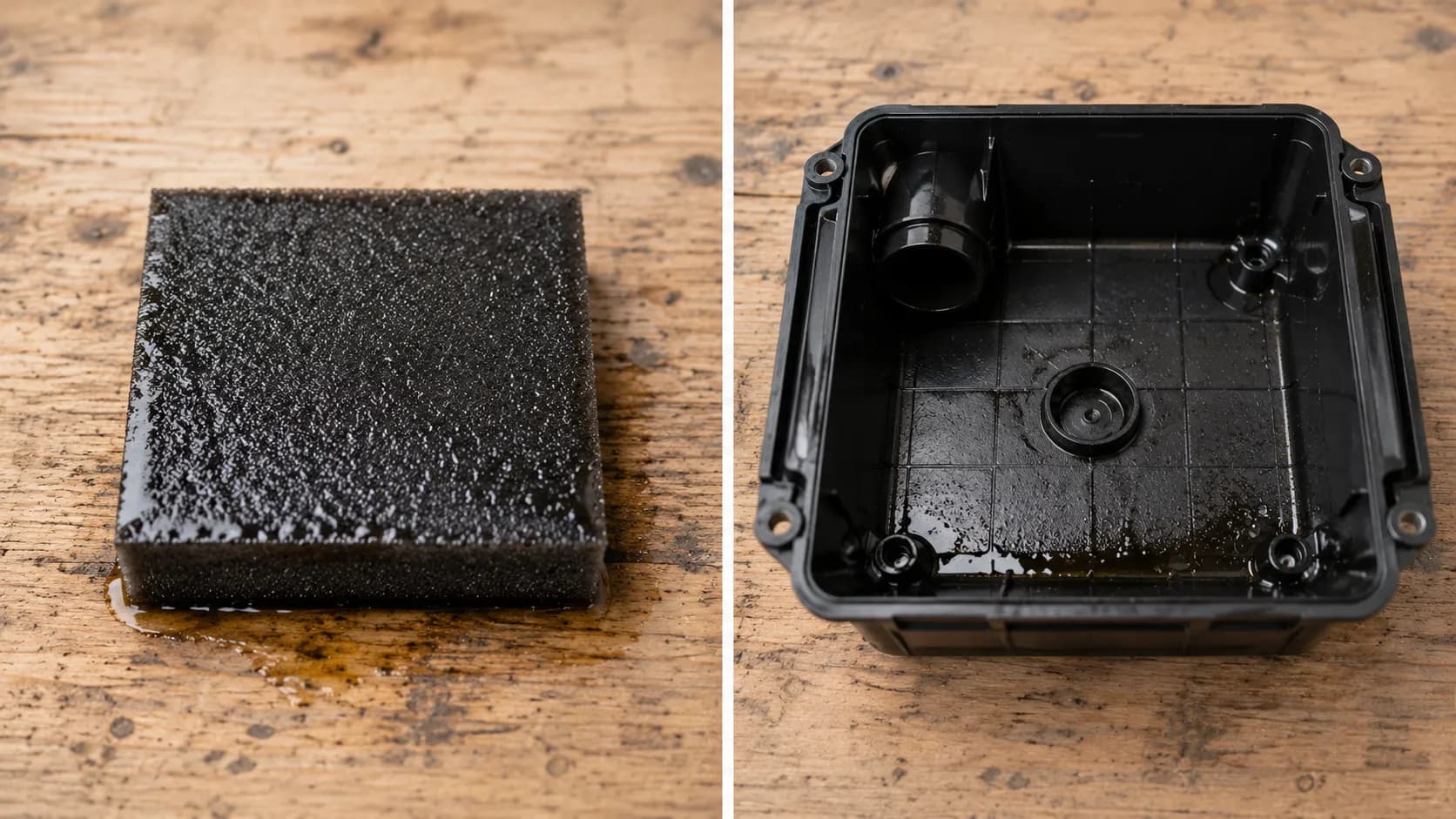 Side-by-side comparison of an over-oiled grey foam air filter and the air cleaner base after three hours of mowing, showing excess filter oil pooling inside the housing.