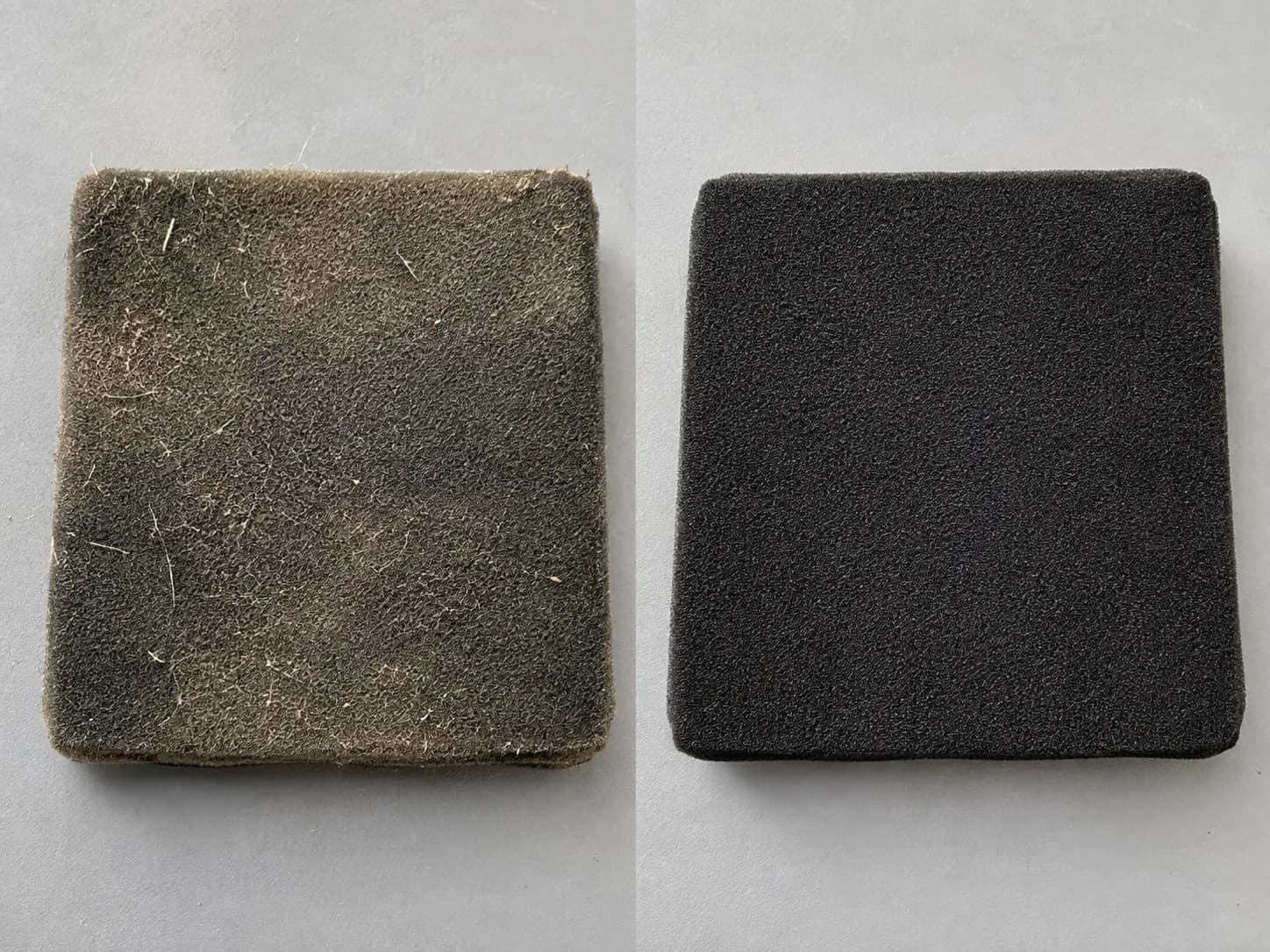 Side-by-side comparison of the same lawn mower foam air filter pre-cleaner before and after cleaning, showing a dusty dirty filter next to a washed, re-oiled foam filter on a grey surface.