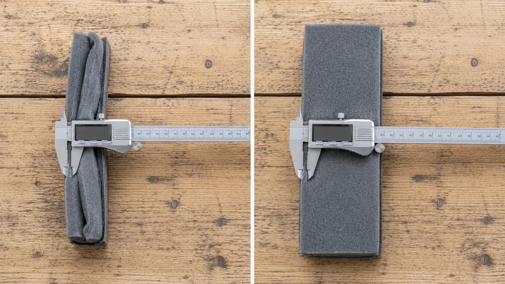 Side-by-side comparison of a foam air filter straight from the shipping bag and after 48 hours lying flat, with digital calipers showing recovery from compression after shipping.