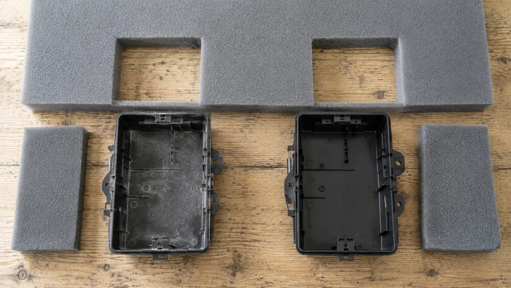Overhead cut test comparing a flush-cut and 4 mm oversize foam air filter beside air cleaner bases, showing dust inside the flush-cut housing and a clean housing with the oversize filter.
