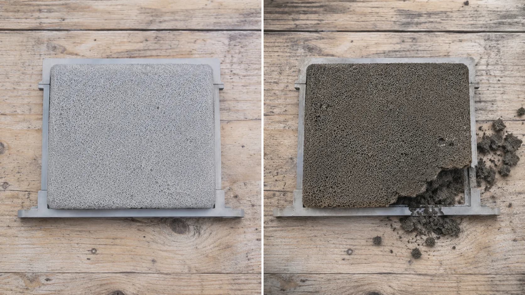 Side-by-side overhead comparison of the same foam filter in March and September, showing a clean intact element versus a darkened, deteriorated filter with a torn corner and crumbling foam debris.