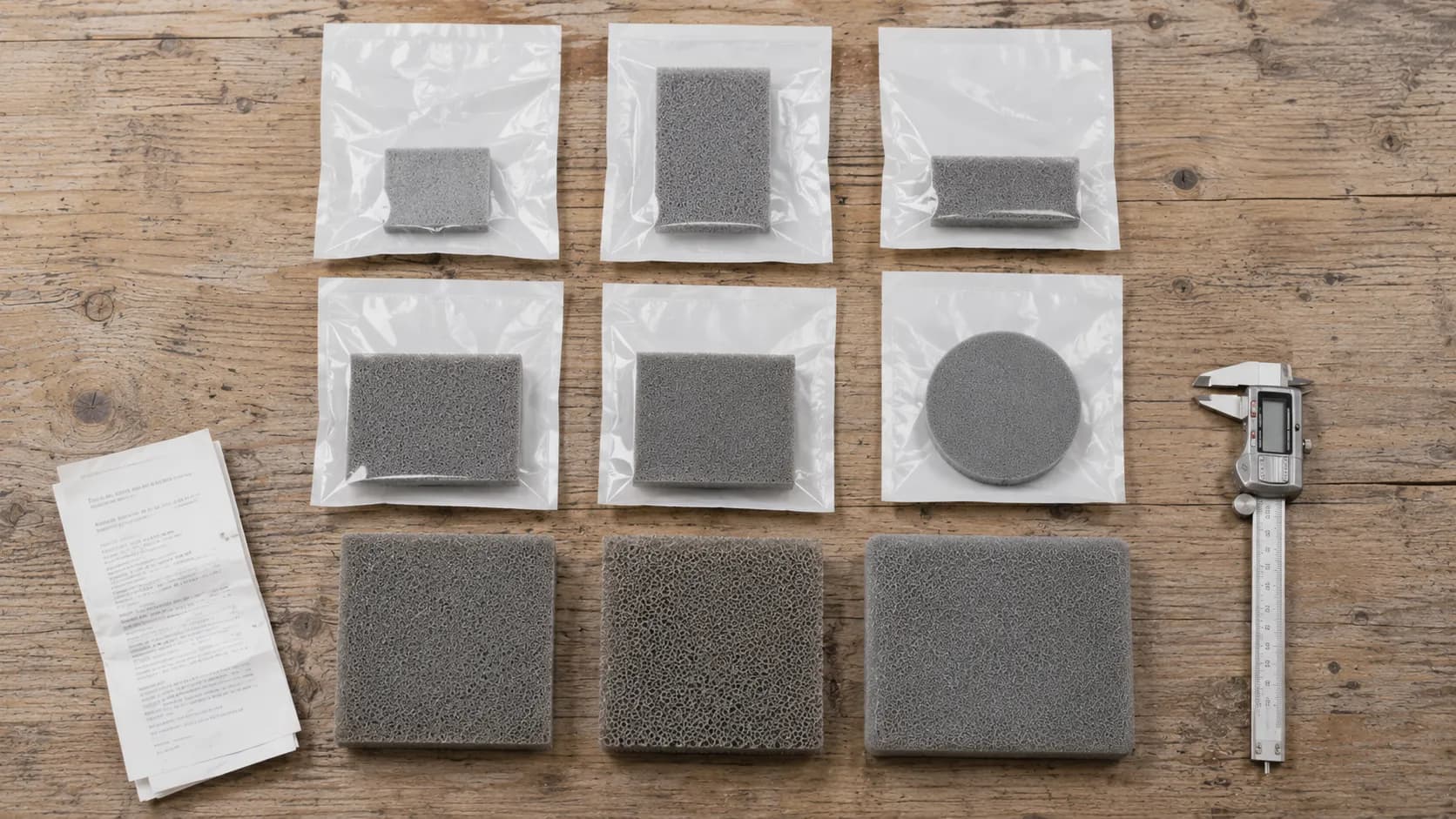 Overhead flat-lay of foam filter samples, parts packets, a digital caliper and receipt arranged for comparing purchase costs with measured foam thickness in a filter testing guide.