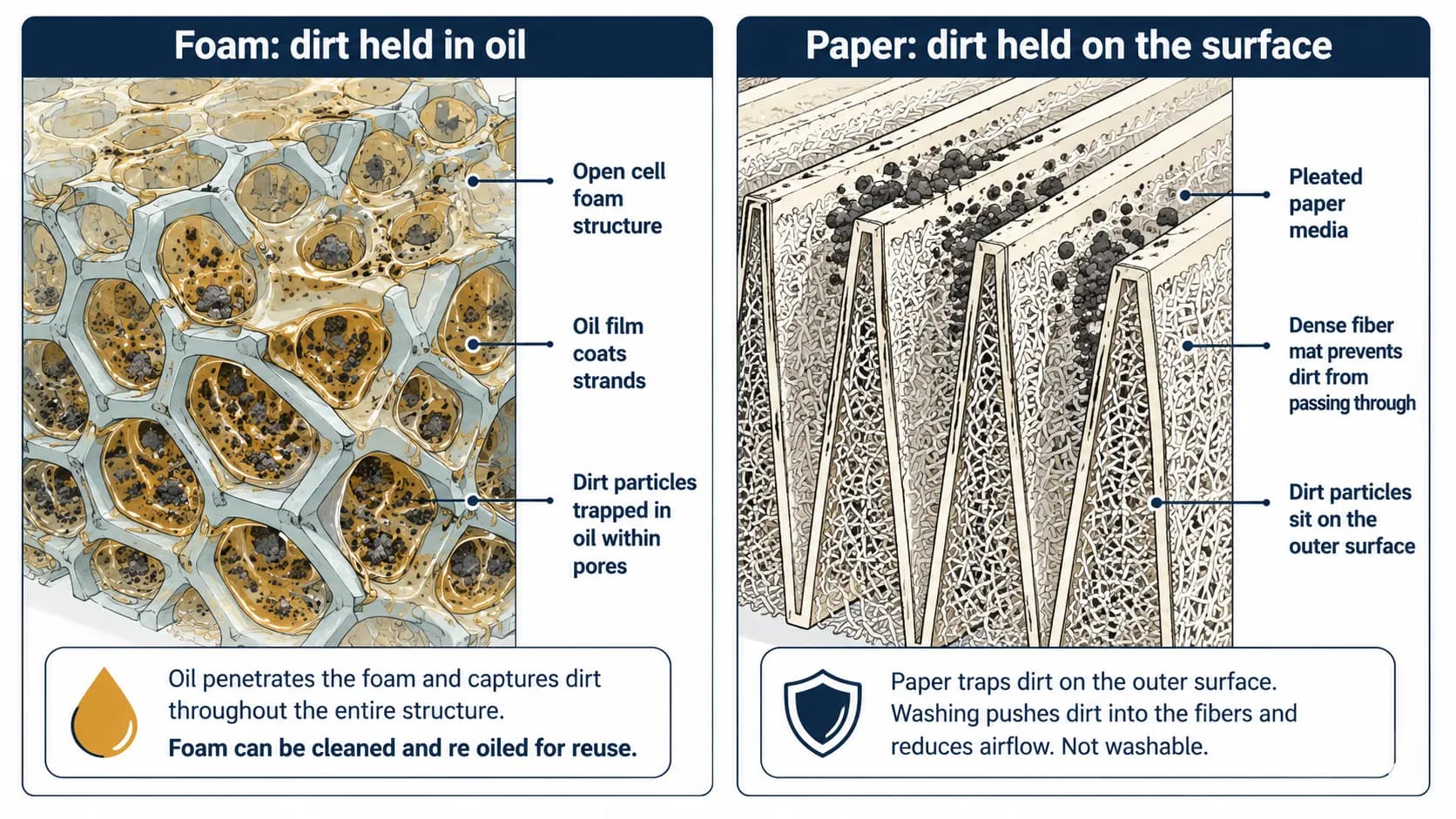 Technical cutaway illustration comparing foam and paper lawn mower air filters, showing how foam traps dirt in oiled cells while pleated paper captures dirt on the surface and should not be washed.