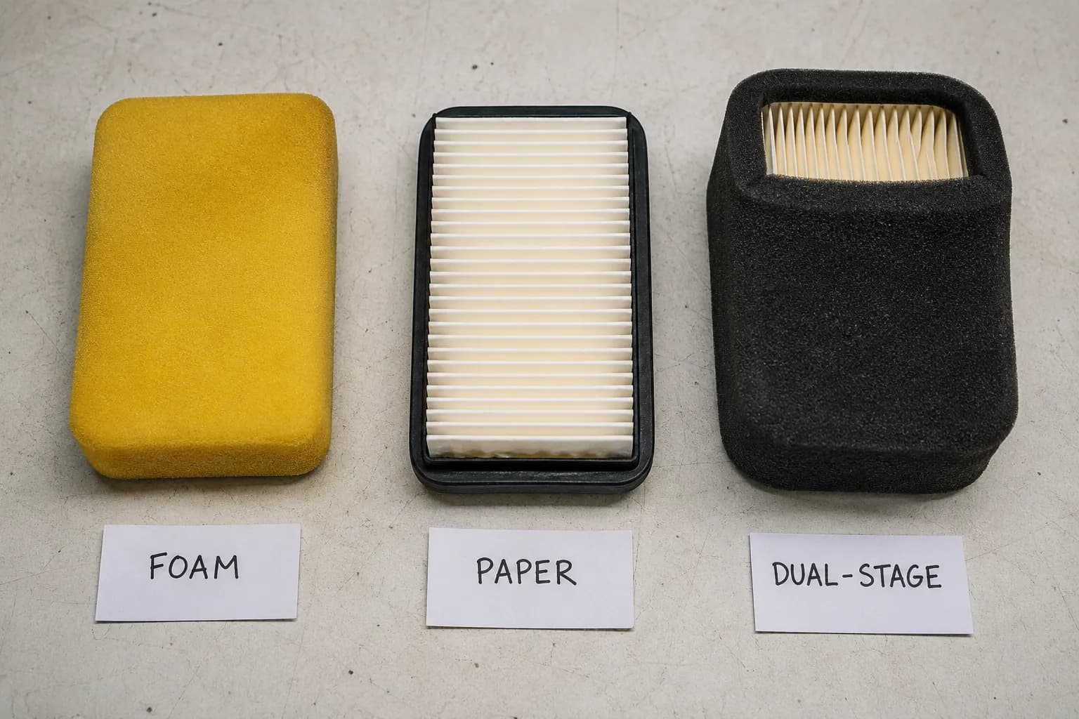 Side-by-side comparison of foam, paper, and dual-stage lawn mower air filters on a workbench with labeled cards showing the three filter types.