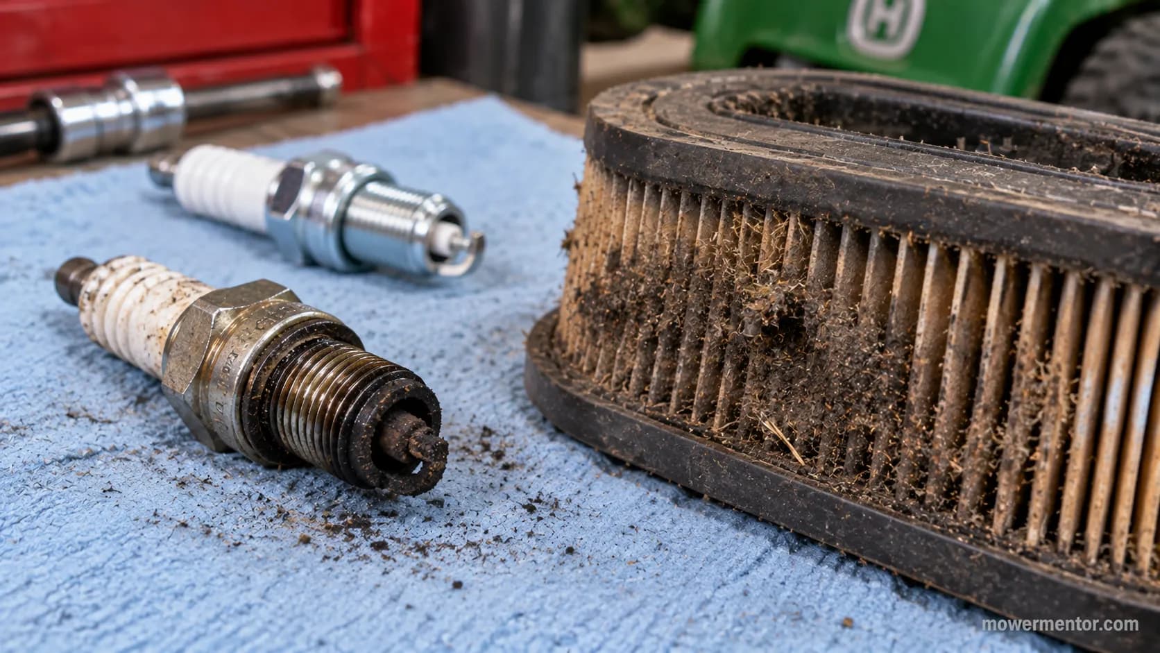 fouled spark plug and dirty air filter pulled from a Husqvarna riding mower