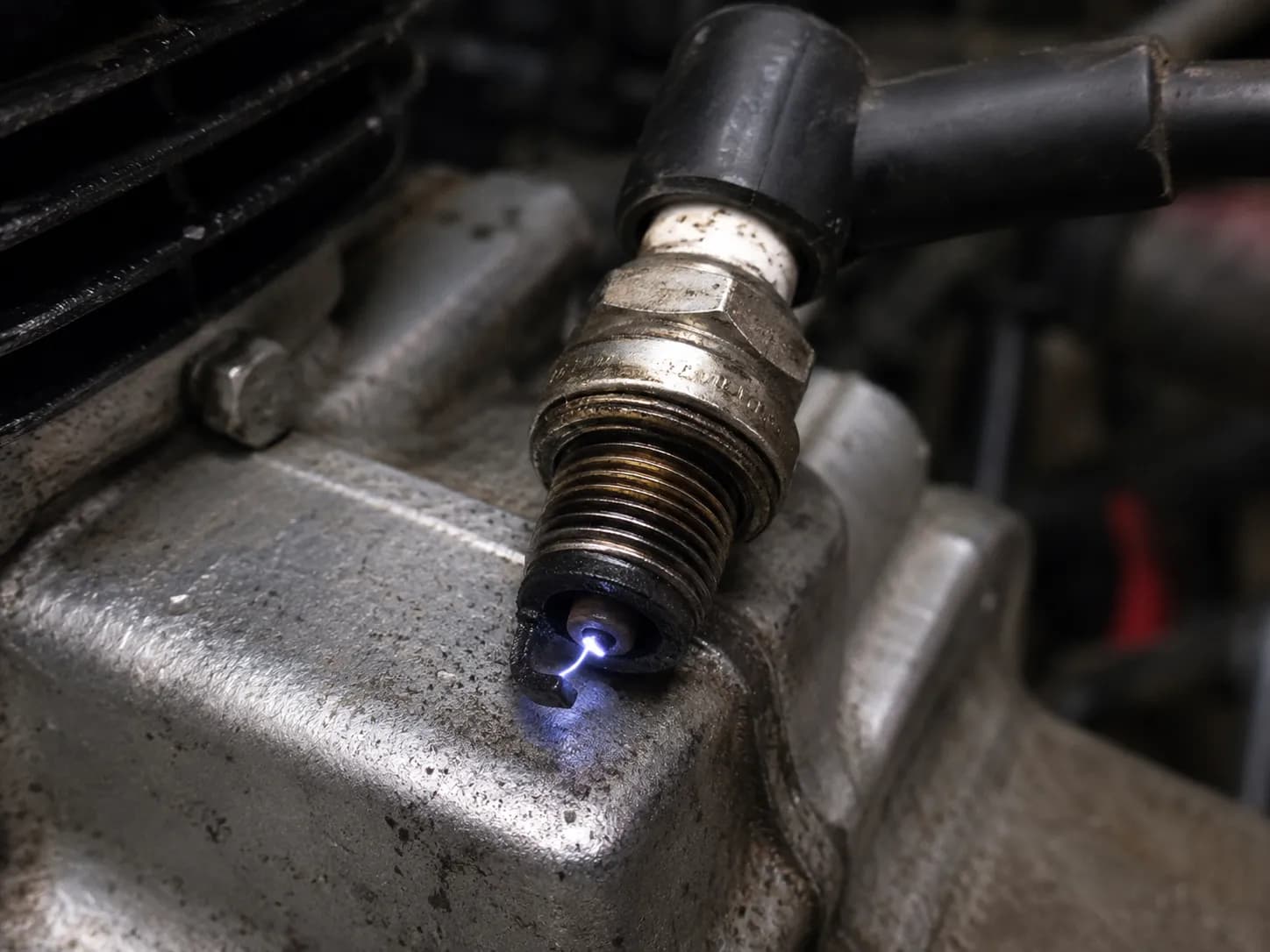 Close-up of a fouled small-engine spark plug producing a blue-white spark during an open-air ignition test against an aluminum engine block, illustrating that visible spark alone does not guarantee.