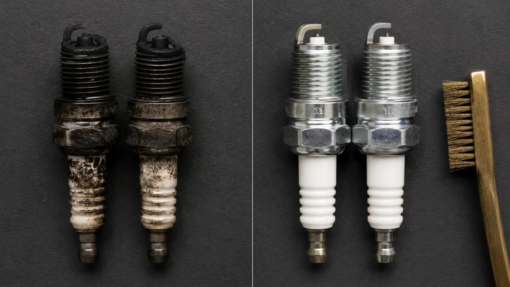 Before and after comparison of two heavily carbon-fouled lawn mower spark plugs cleaned with a brass wire brush, showing restored electrodes, clean threads, and brighter ceramic insulators.
