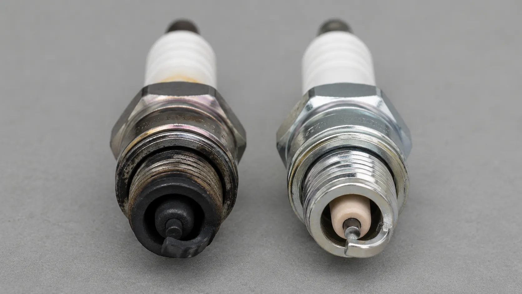 Side-by-side comparison of a black, carbon-fouled lawn mower spark plug and a clean spark plug with a light tan insulator, showing normal versus fouled electrode condition.