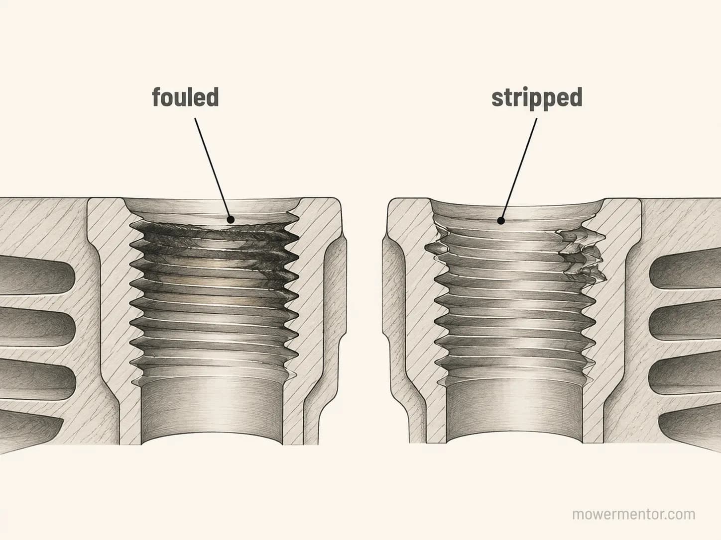 Technical cross section comparing fouled and stripped lawn mower spark plug threads, showing carbon buildup on intact threads versus damaged missing thread material.