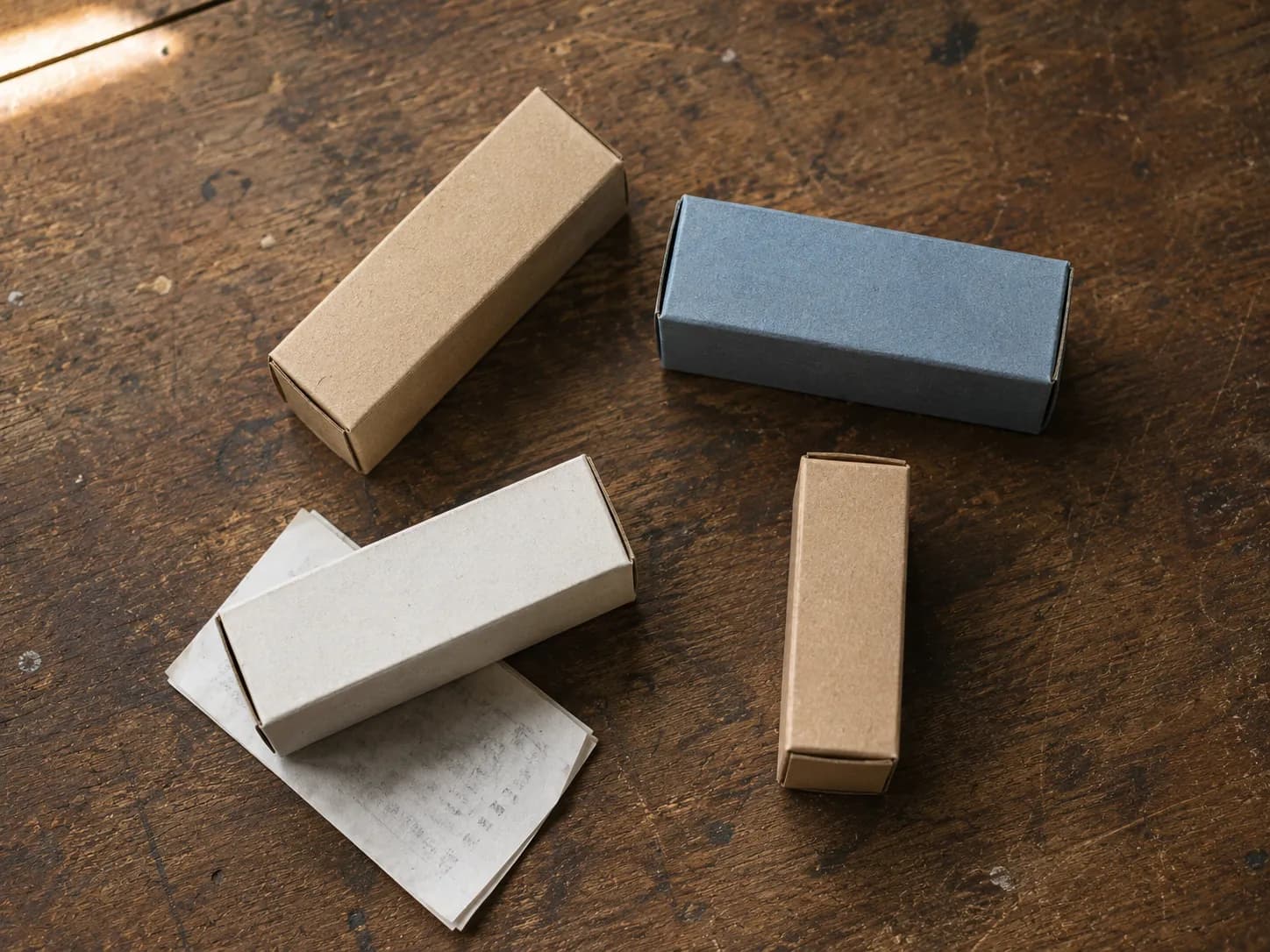 Four generic unbranded spark plug cartons arranged on a scratched wooden workbench with a paper receipt tucked beneath one box.