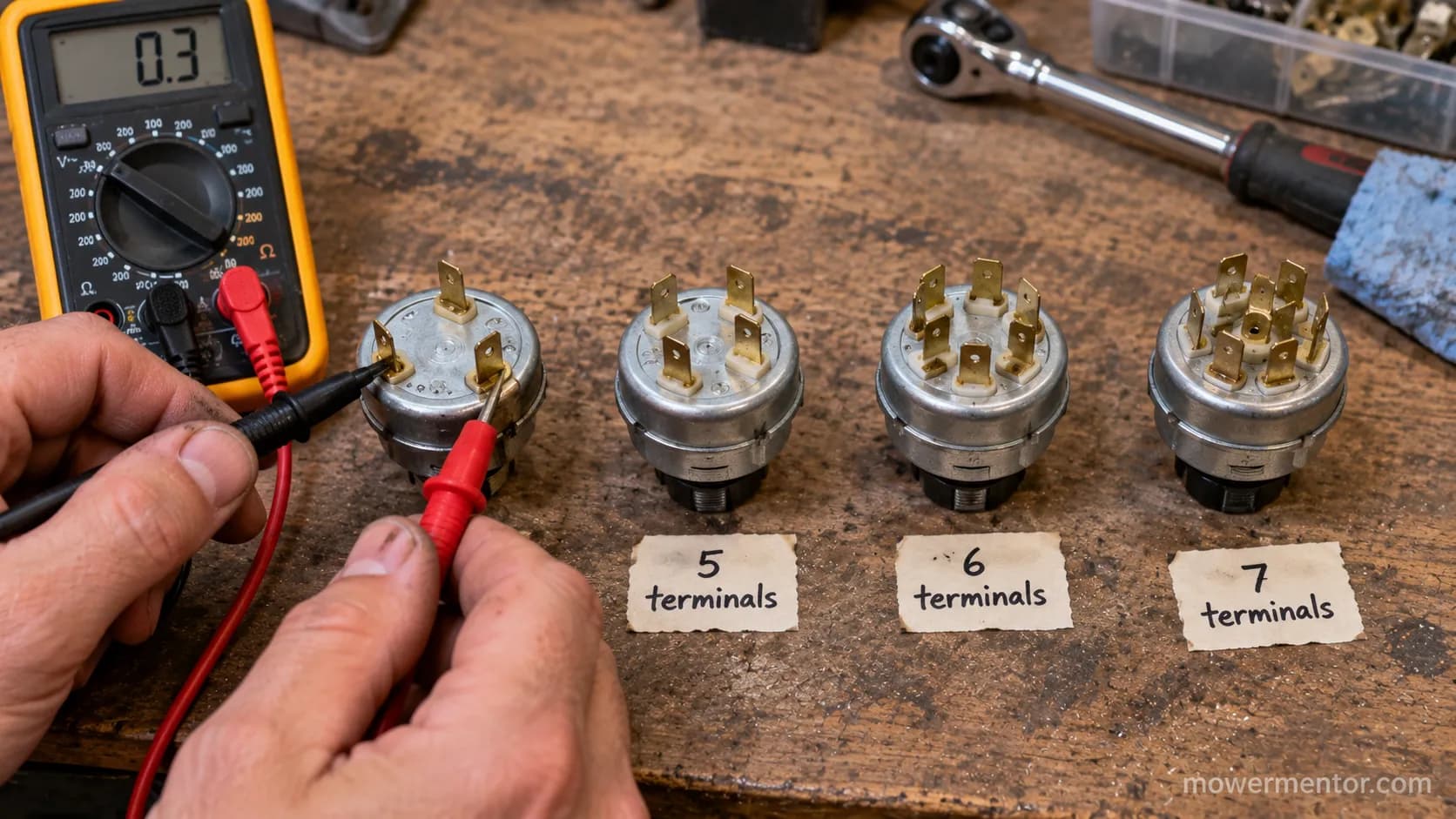 Four lawn mower ignition switches with four, five, six, and seven terminals compared on a bench.