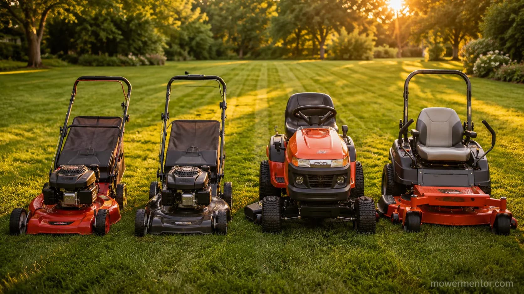 Four serviced lawn mowers with different maintenance kits parked in a row on freshly mown grass during golden hour