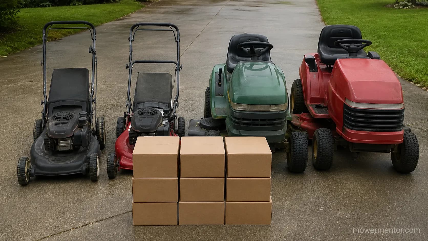 Four lawn mowers and nine cardboard parts boxes arranged on a concrete driveway before a mower maintenance project begins.