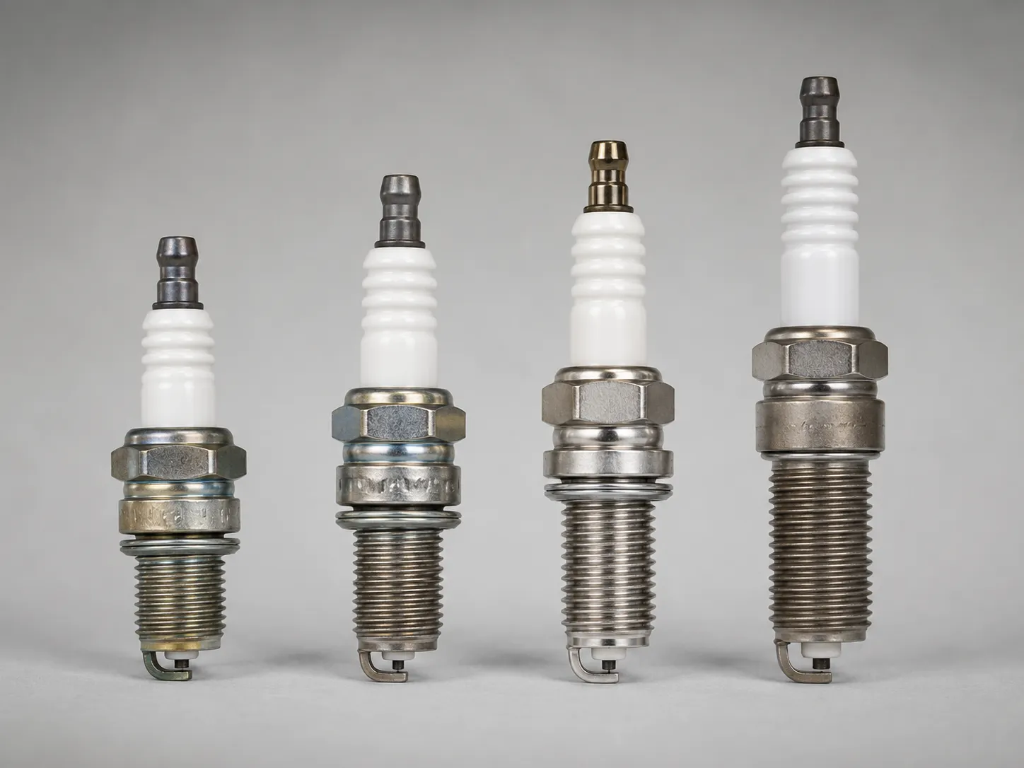 Four small-engine spark plugs of different lengths and thread reaches arranged side by side on a neutral grey studio surface.