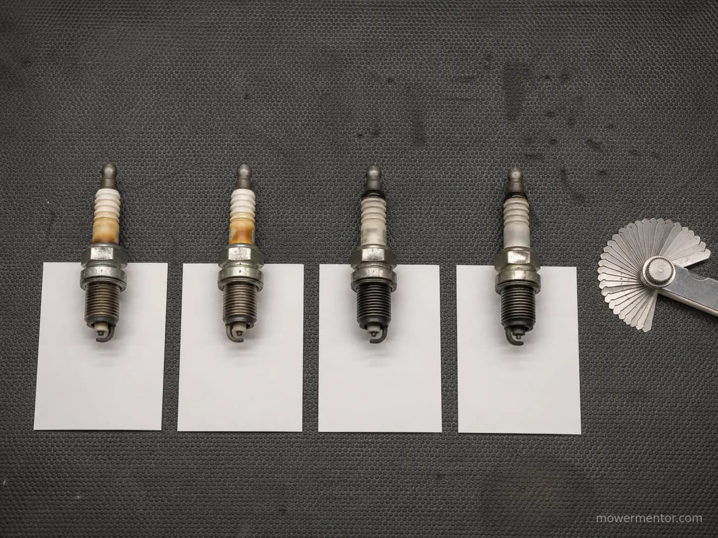 Four used small engine spark plugs arranged with blank service cards and a feeler gauge on a workshop mat for comparing plug condition and logged engine hours.