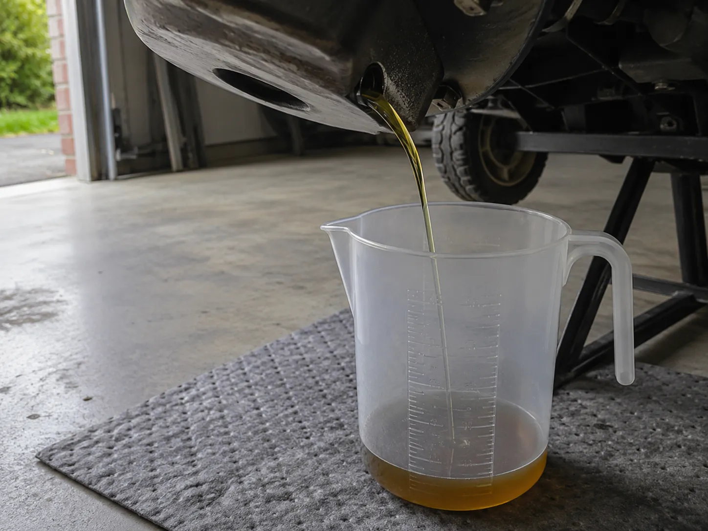 Fuel-diluted engine oil drains from a tipped lawn mower into a clear graduated measuring jug to measure oil overfill during engine diagnostics.