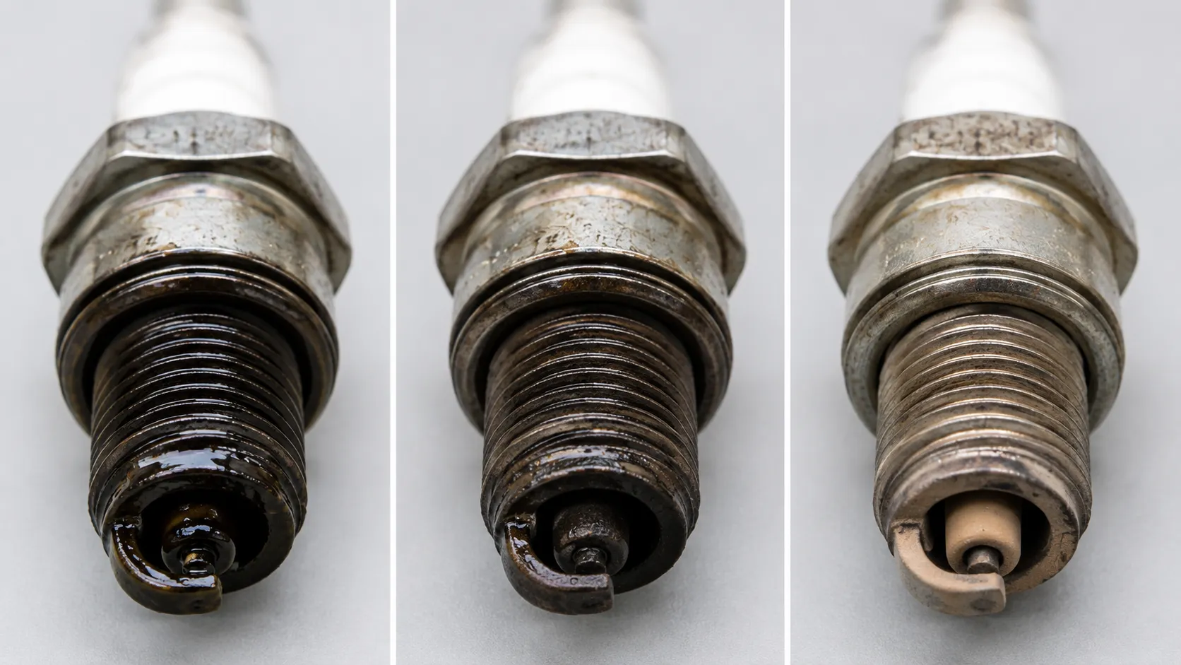 Three-panel time-lapse of the same used small-engine spark plug showing a fuel-wet firing end at 0 minutes, partially dried at 15 minutes, and fully dry at 60 minutes under identical lighting.