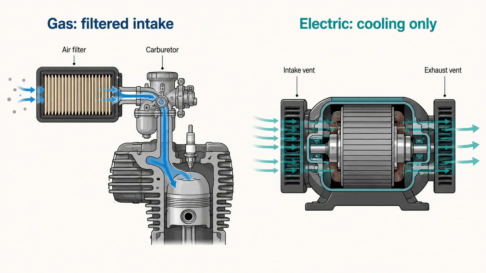 Technical diagram comparing gas and electric lawn mower airflow paths, showing a filtered air intake through the carburetor on a gas mower and unfiltered cooling airflow through an electric motor.