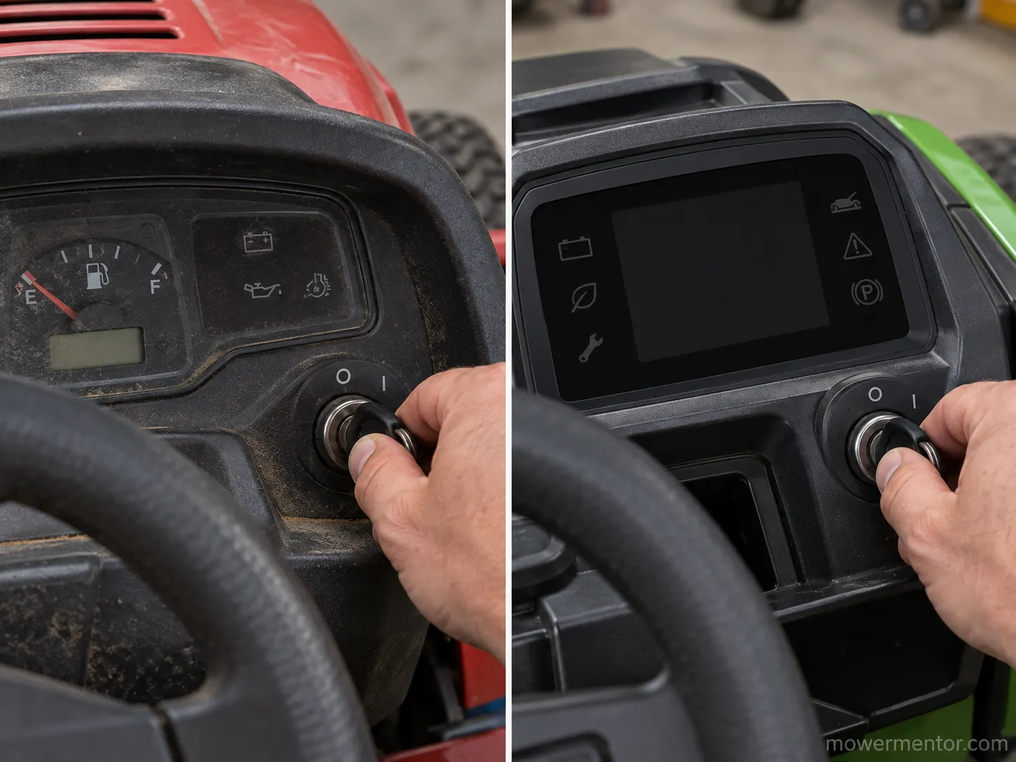 Dark dash on gas and electric riding mowers compared side by side