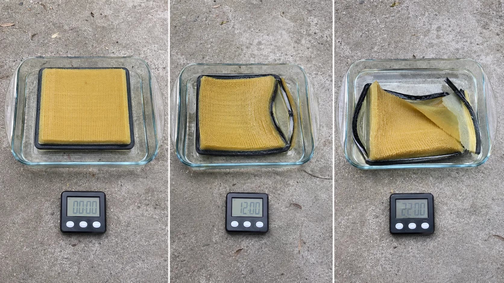 Gasoline soak test of a yellow foam air filter at 0, 12, and 22 minutes, showing the filter edge lifting and separating over time with a timer in each frame.