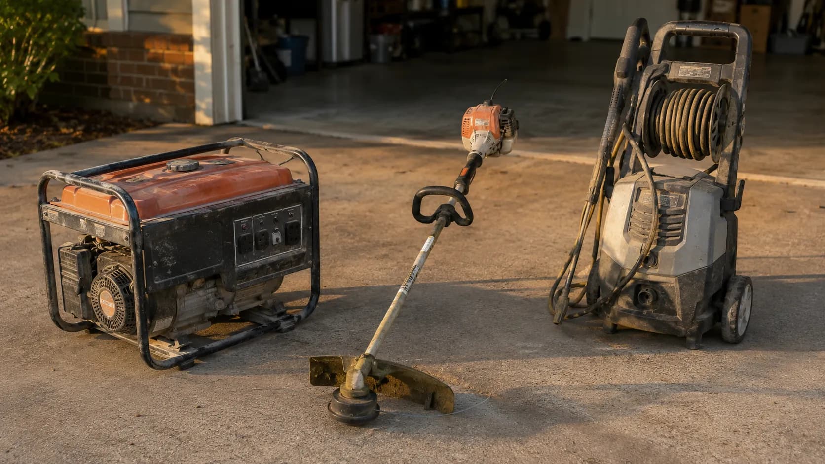 Portable generator, string trimmer, and pressure washer awaiting routine service on a concrete driveway outside an open garage, showing light dust and wear in late afternoon natural light.