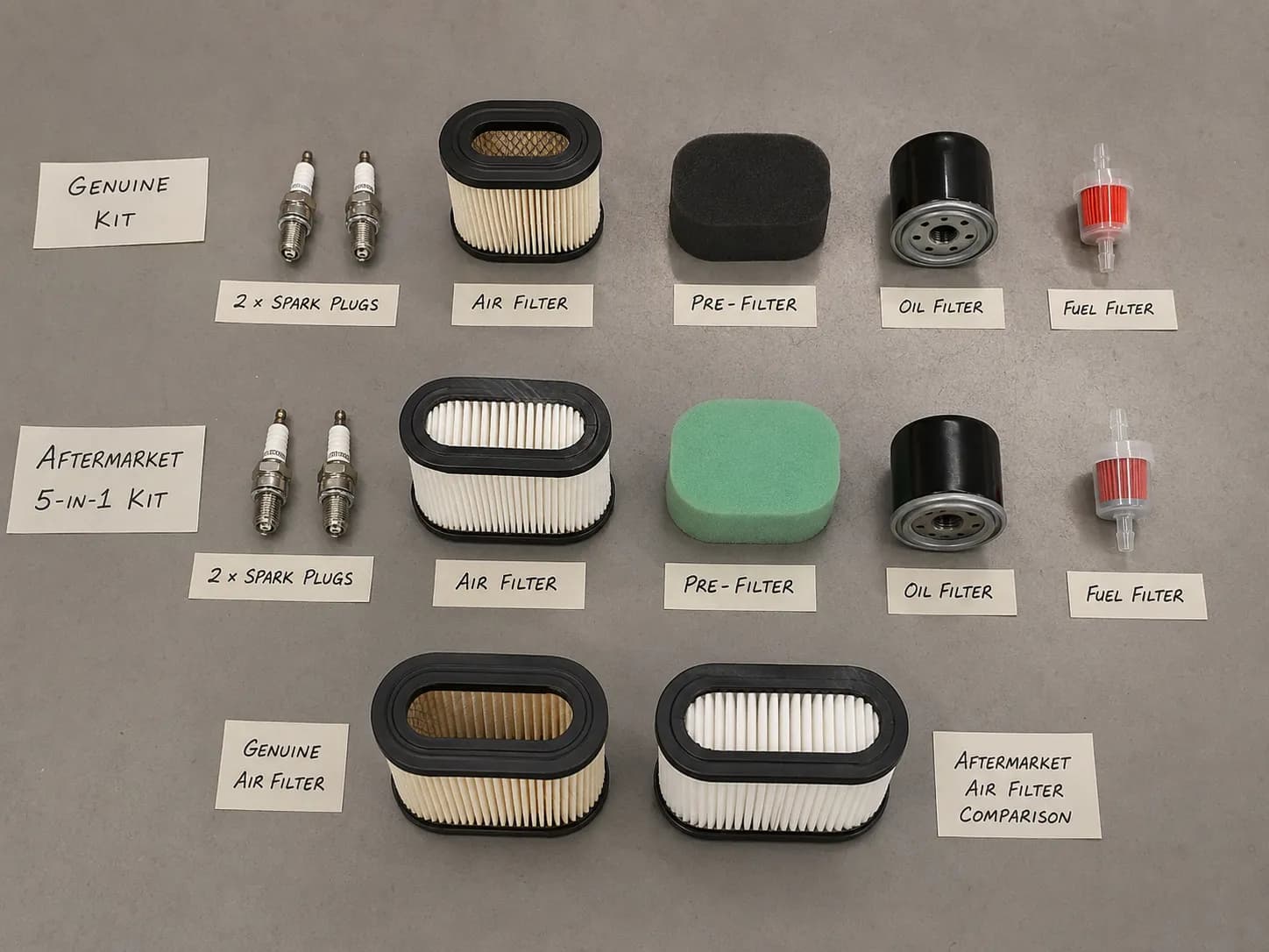 Flat-lay comparison of a genuine and aftermarket lawn mower tune-up kit with labeled parts and two air filters placed side by side to compare shape and fit.