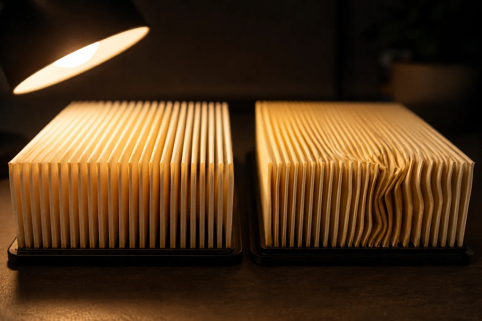 Macro comparison of two pleated-paper lawn mower air filters under a desk lamp, with the genuine filter showing evenly spaced pleats and the generic filter showing bunched, uneven pleats along one sid