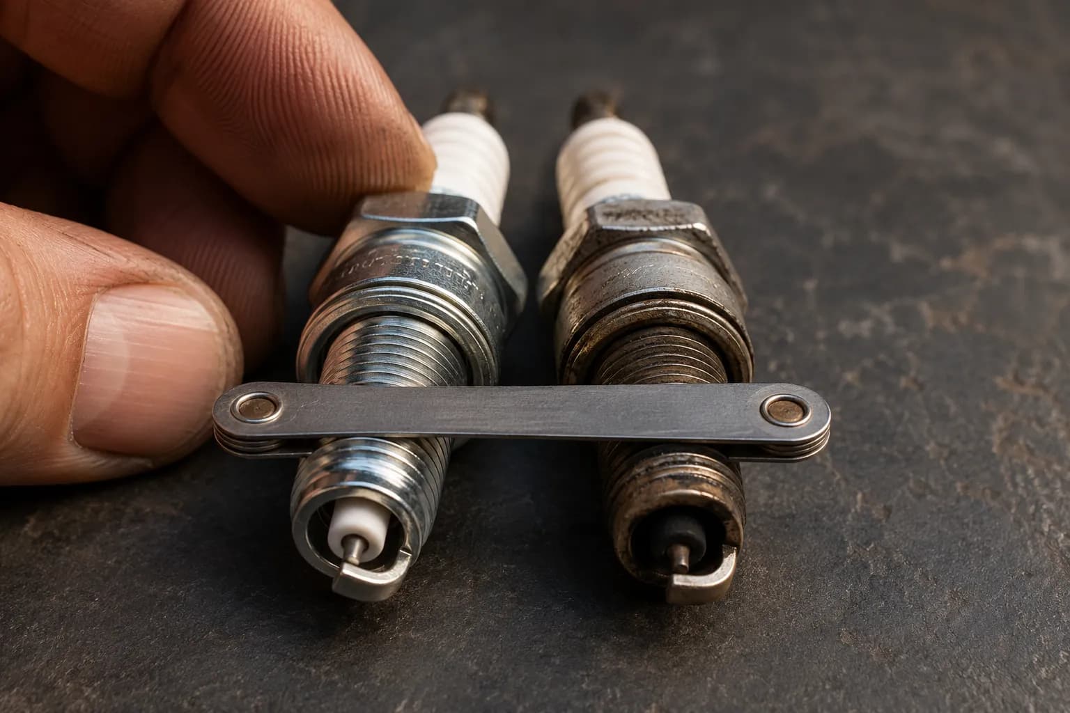 Genuine and generic spark plugs side by side with a gap gauge across both, a hand steadying one plug to compare electrode quality and gap before mower installation.