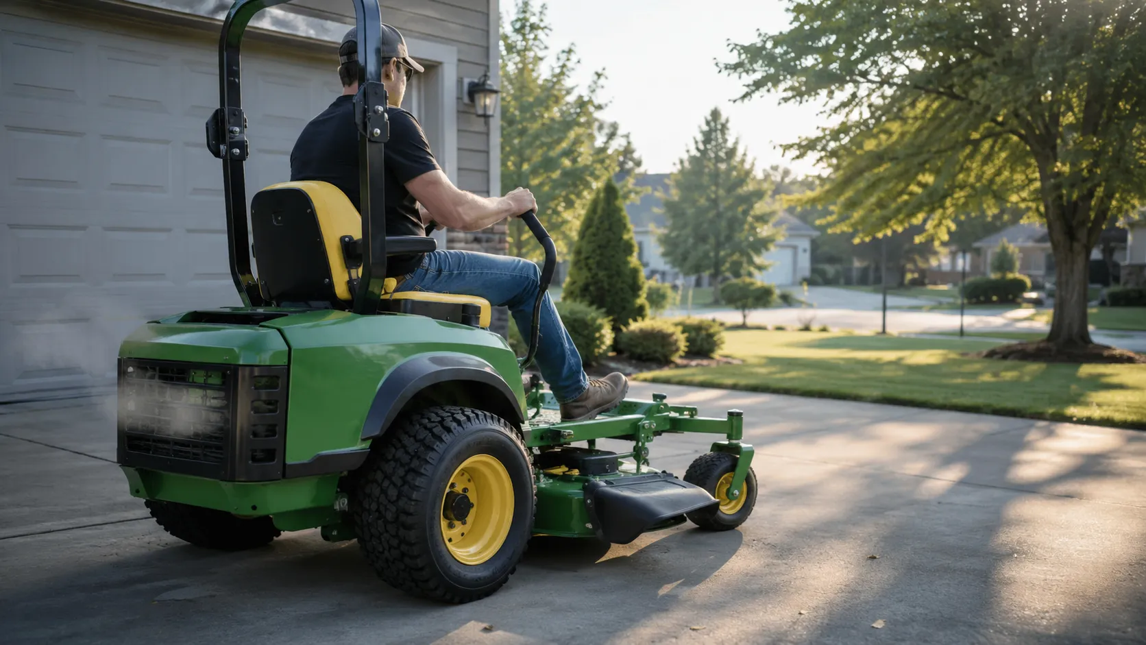 Green riding mower starting in a residential driveway with the operator seated as the engine settles into a smooth idle in the morning light.