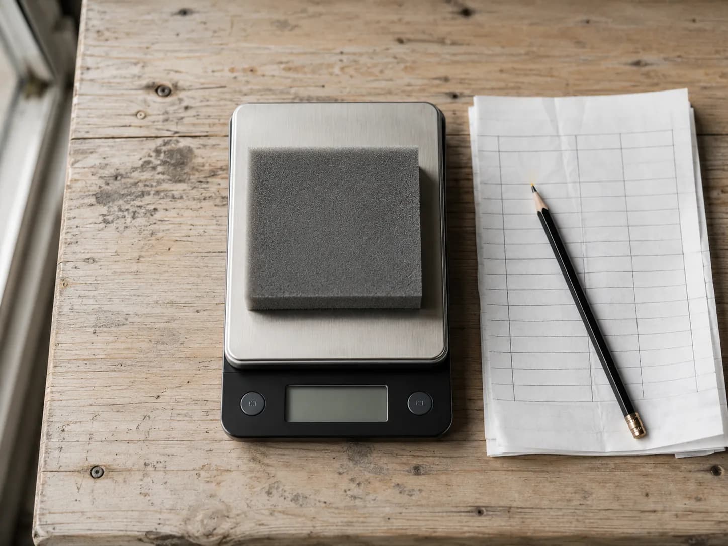 Grey foam filter element on a digital kitchen scale beside a paper log sheet and pencil, illustrating seasonal filter capture weight measurement before fitting and after servicing.