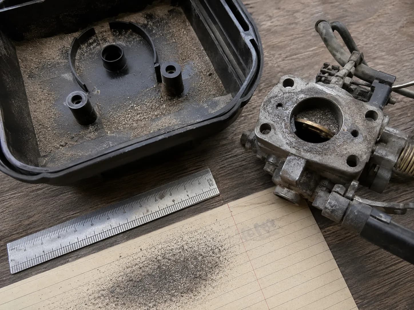 Close-up of fine grit inside a lawn mower airbox and carburetor throat after a 40-minute mowing test without an air filter, with a steel ruler and handwritten service log for scale.