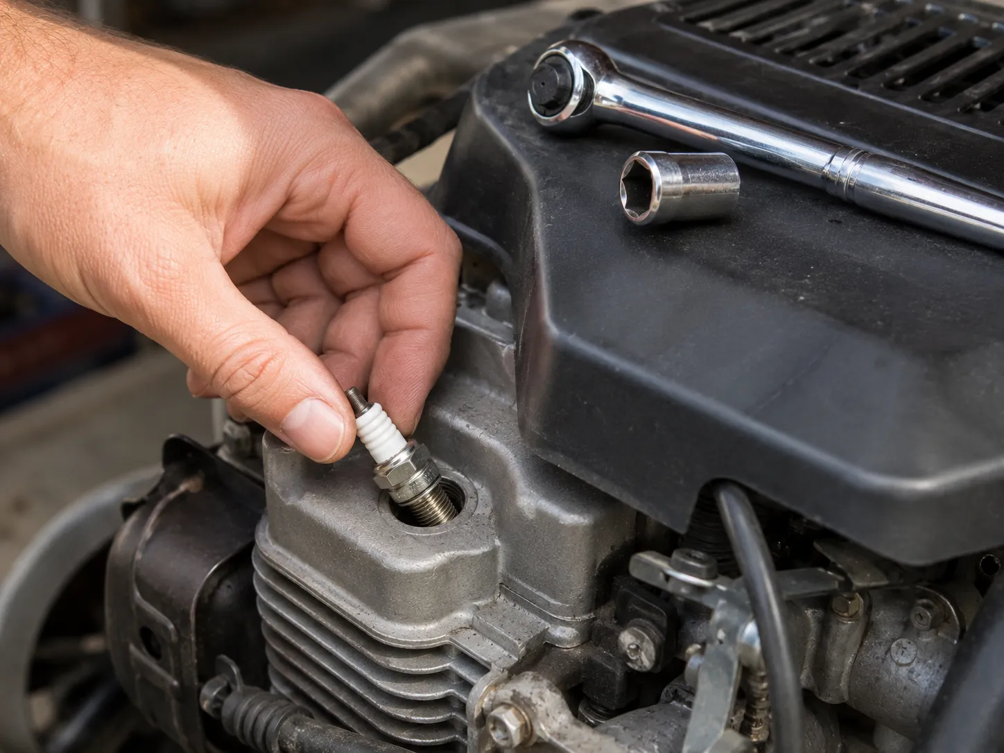 Hand threading a lawn mower spark plug into the cylinder head before using a socket and ratchet, demonstrating the correct technique to prevent cross-threading and thread damage.