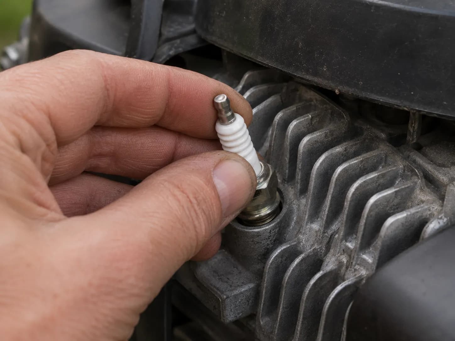 Close-up of a new spark plug being hand-threaded into a lawn mower engine cylinder head using only fingertips, demonstrating the correct way to prevent cross-threading before tightening.