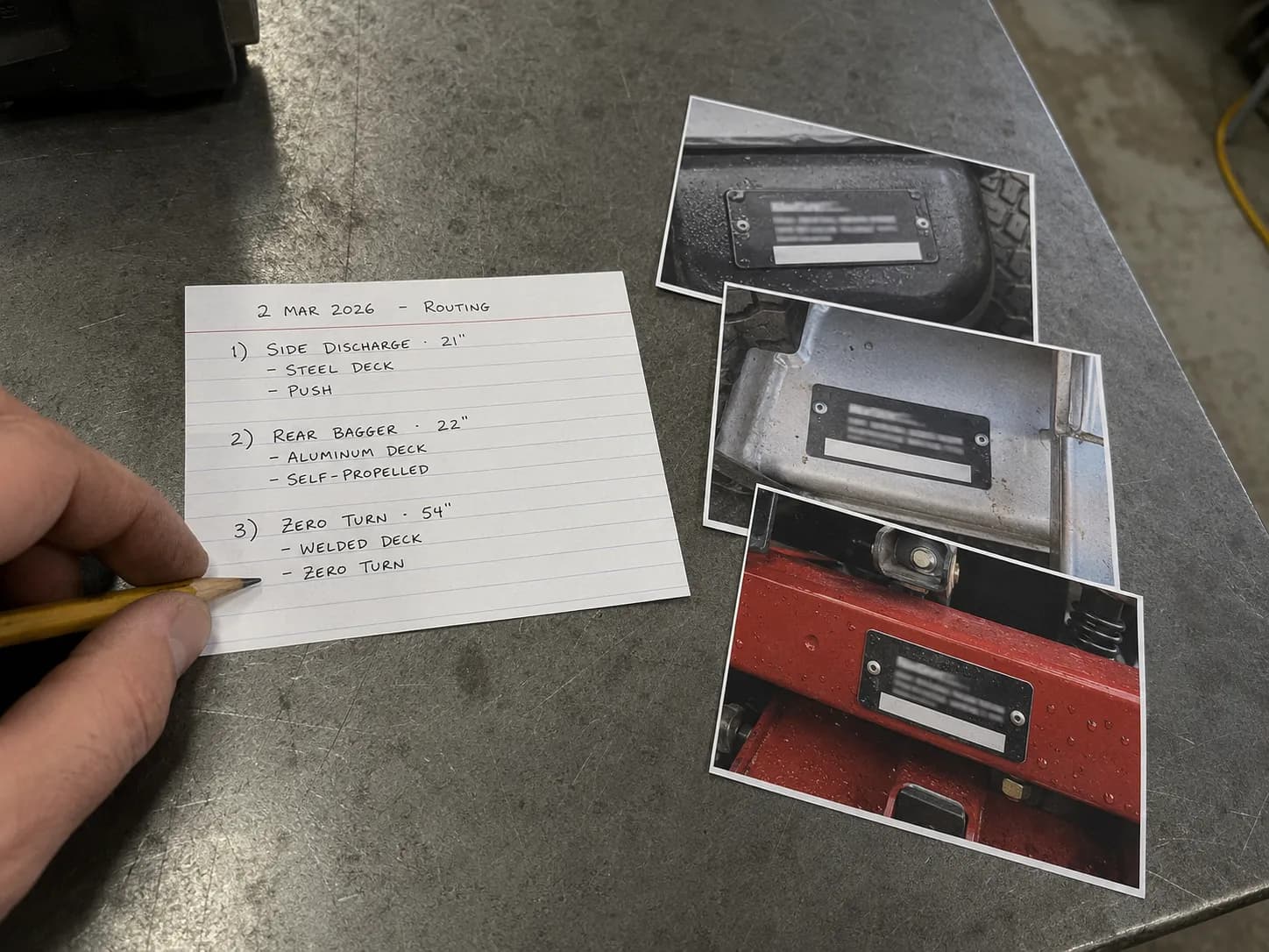 Handwritten mower routing card on a scratched steel workbench with three printed equipment data plate photos beside it and a hand holding a pencil, documenting mower identification workflow.
