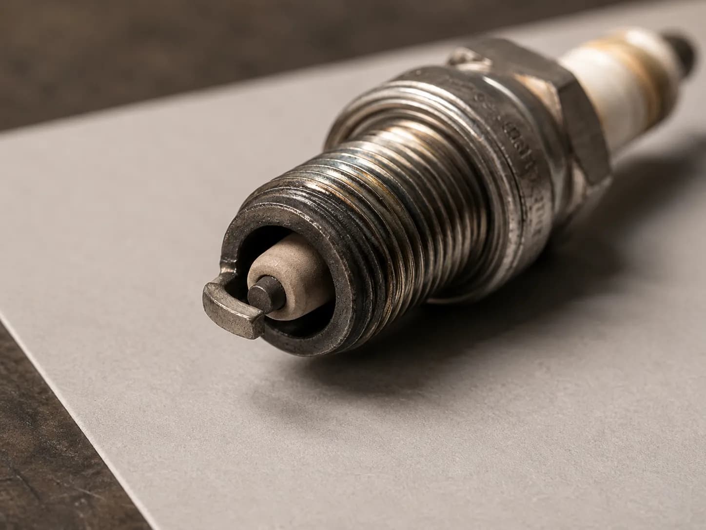 Macro close-up of a healthy used spark plug with a light tan-grey ceramic insulator, clean evenly worn electrodes, and a dull metal shell resting on a pale grey card against a dark workbench.