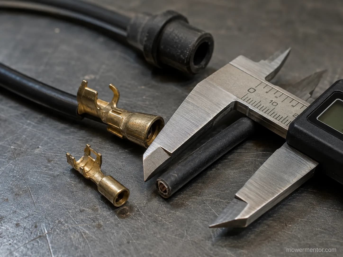 Macro photo of a 7 mm high-tension lead measured with digital calipers beside an oversized 8.5 mm brass crimp terminal and a smaller correctly sized terminal.