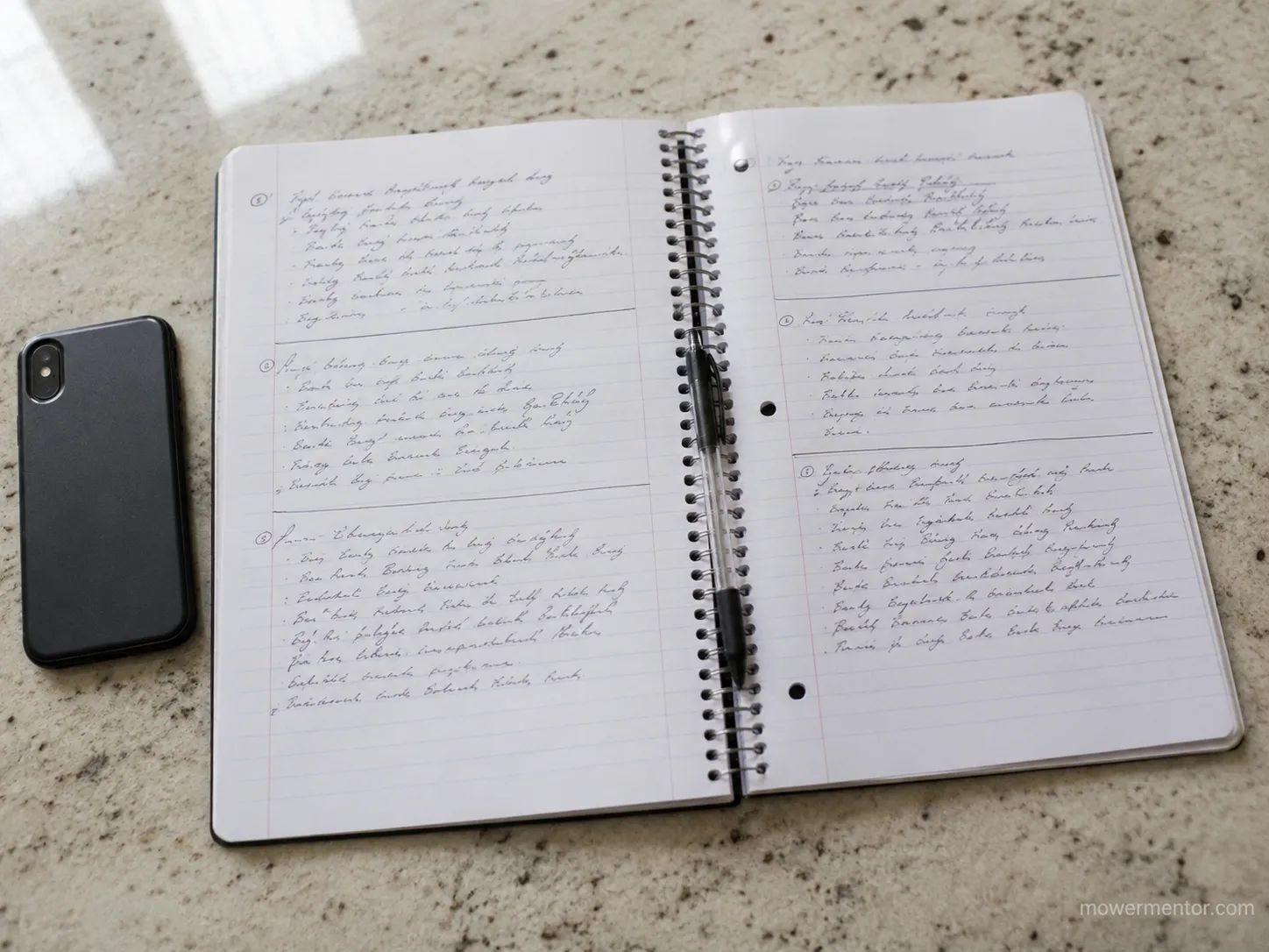 Notebook documenting mower service price research from four Home Depot stores, with a phone and pen on a kitchen counter.