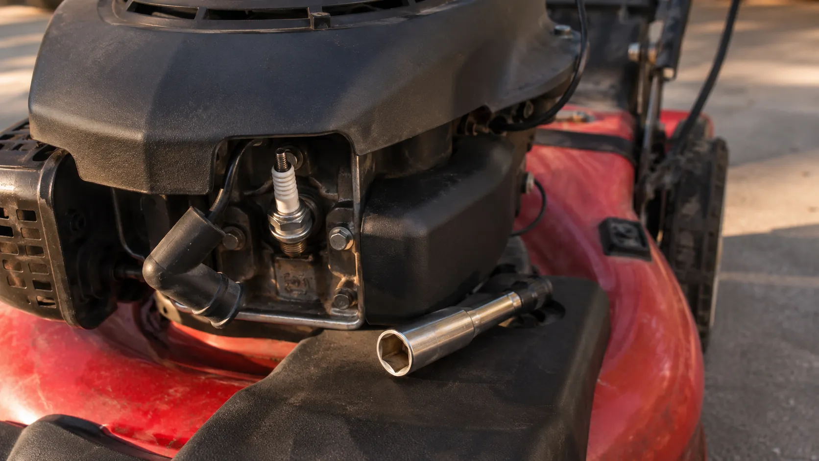 Spark plug exposed on the front of a Honda GCV lawn mower engine with the ignition boot pulled back and a spark plug socket with short extension resting on the engine shroud.