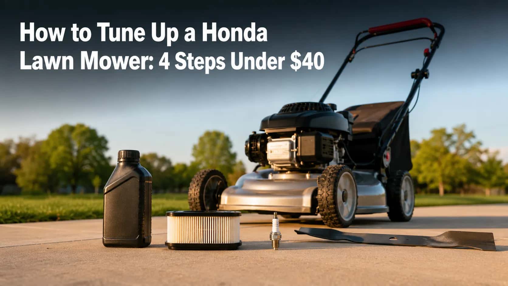 Honda GC/GCV walk-behind lawn mower on a clean driveway with engine oil, air filter, spark plug, and mower blade arranged in front for a tune-up guide.