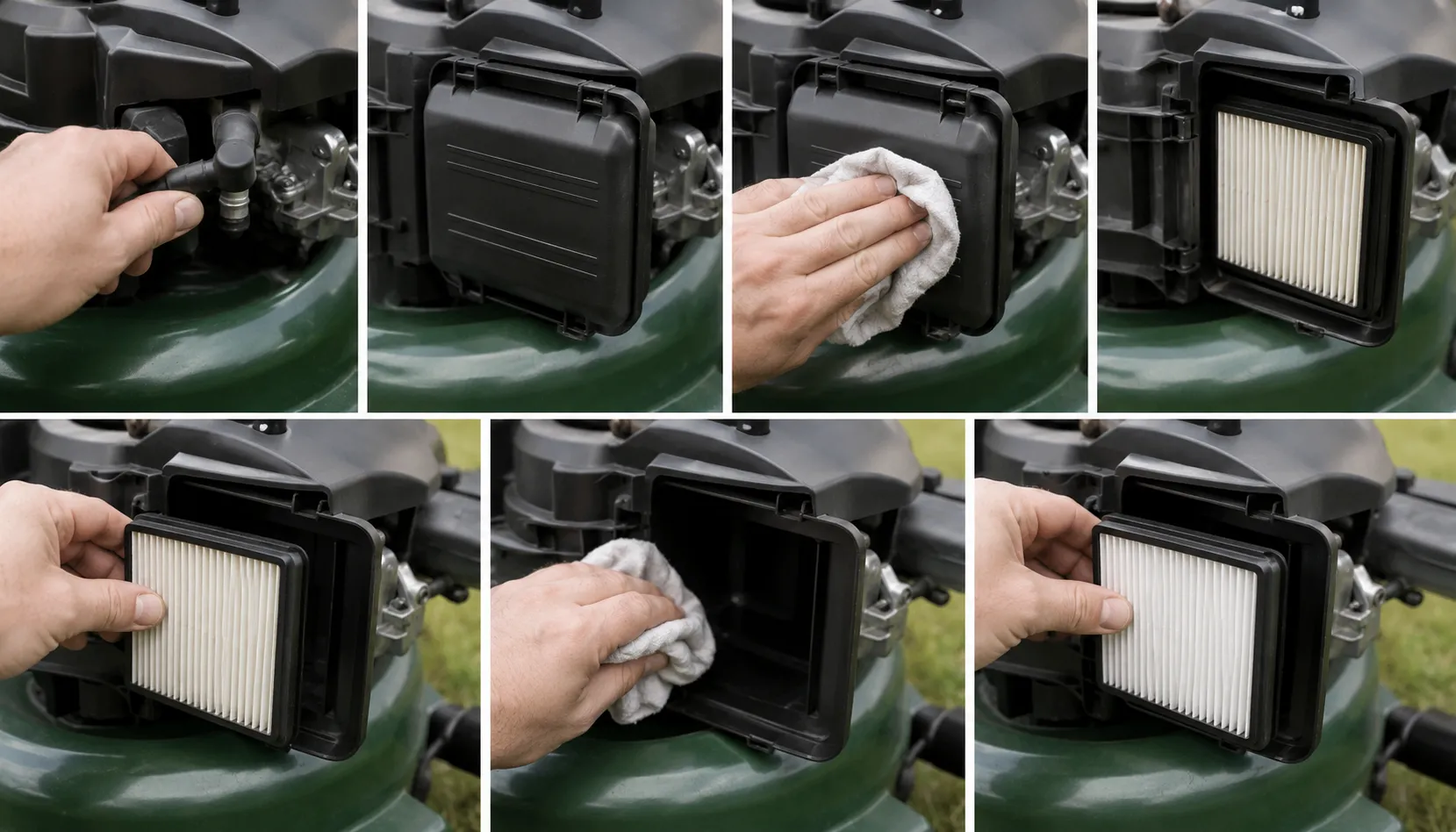 Seven-frame sequence showing Honda HRN216 air filter replacement: disconnect spark plug, open air cleaner cover, remove old filter, clean housing, and install a new filter.