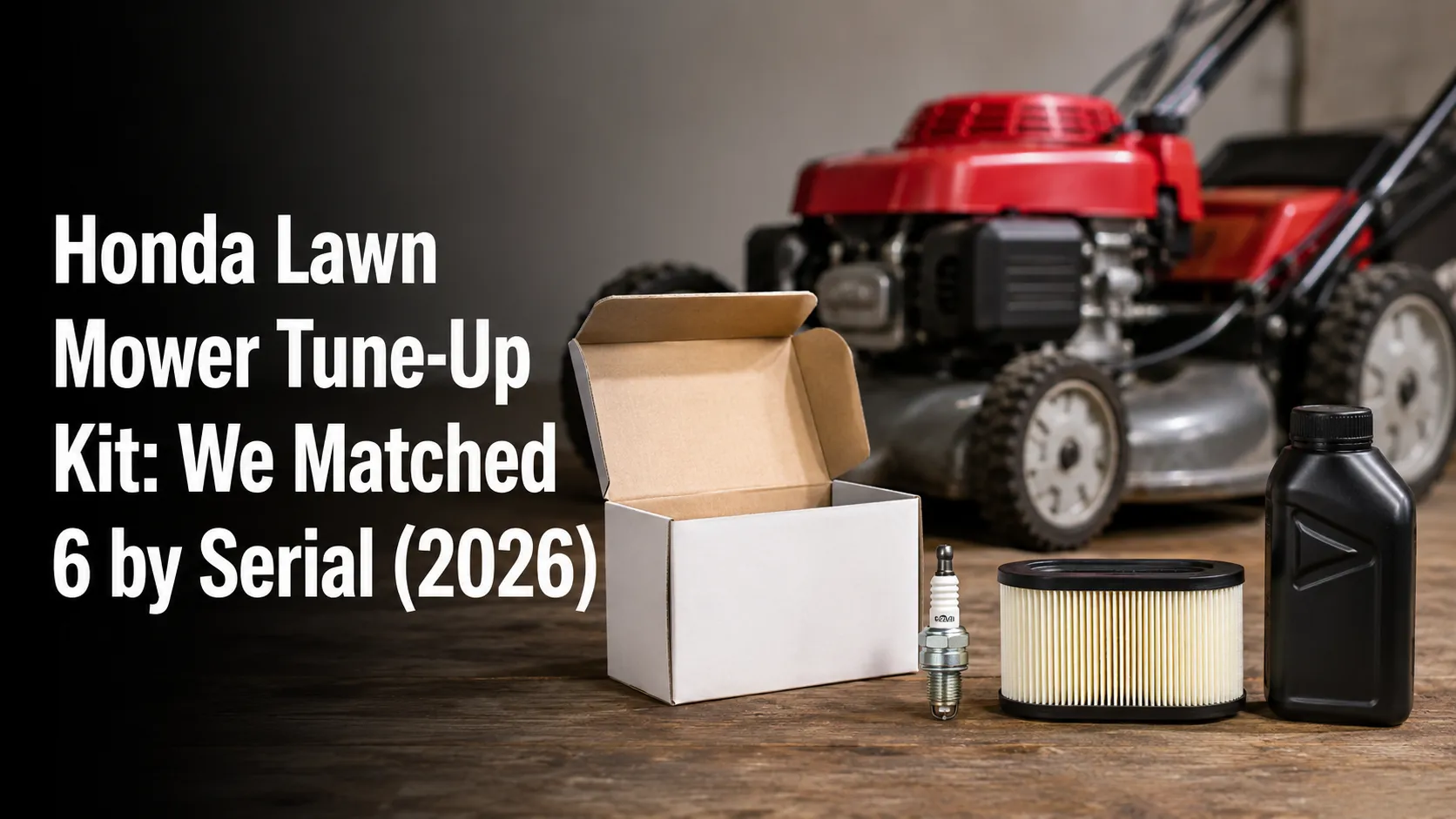 Open lawn mower tune-up kit with a spark plug, paper air filter, and engine oil arranged on a workbench, with a red walk-behind mower softly blurred in the background.