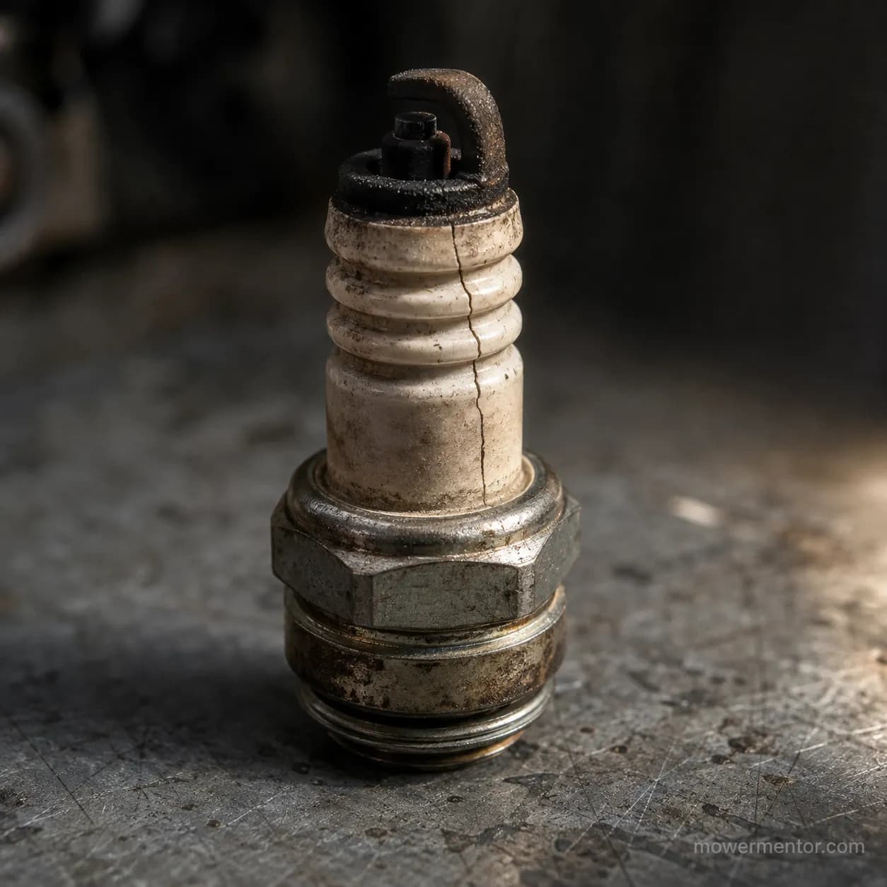 Used Honda small-engine spark plug with a visible hairline crack running through the ceramic insulator, showing the damage that can cause spark plug failure.