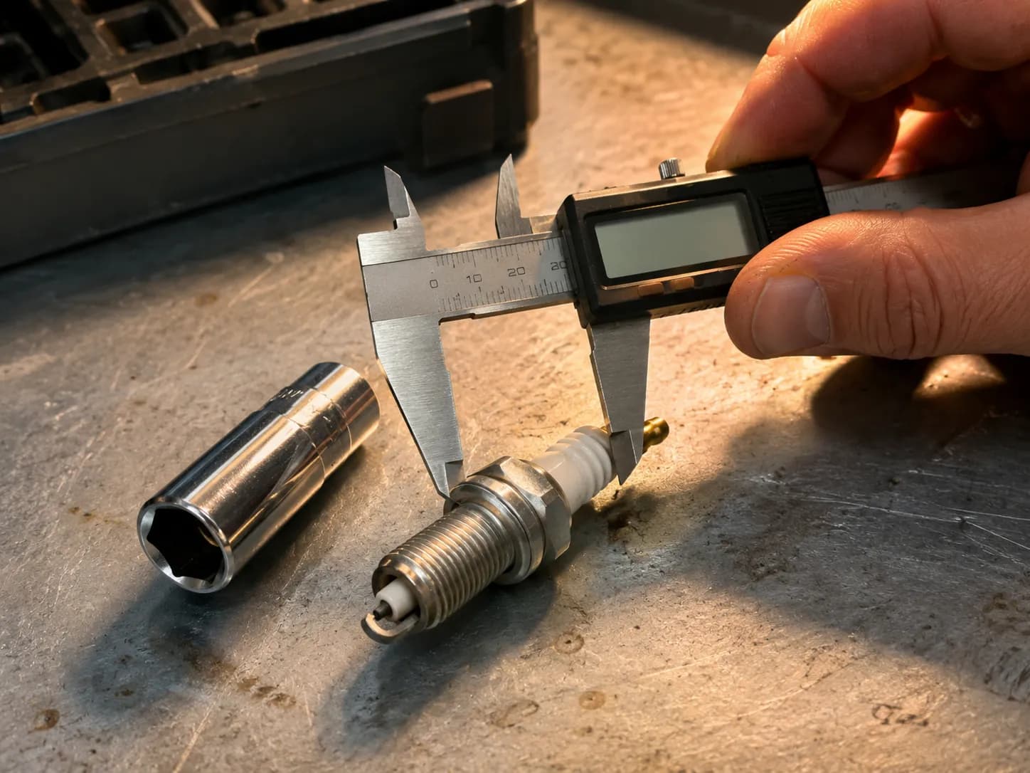 Digital caliper measuring the 13/16-inch hex on a Honda walk-behind mower spark plug, with a 13/16-inch spark plug socket on a steel workbench, illustrating socket size verification.