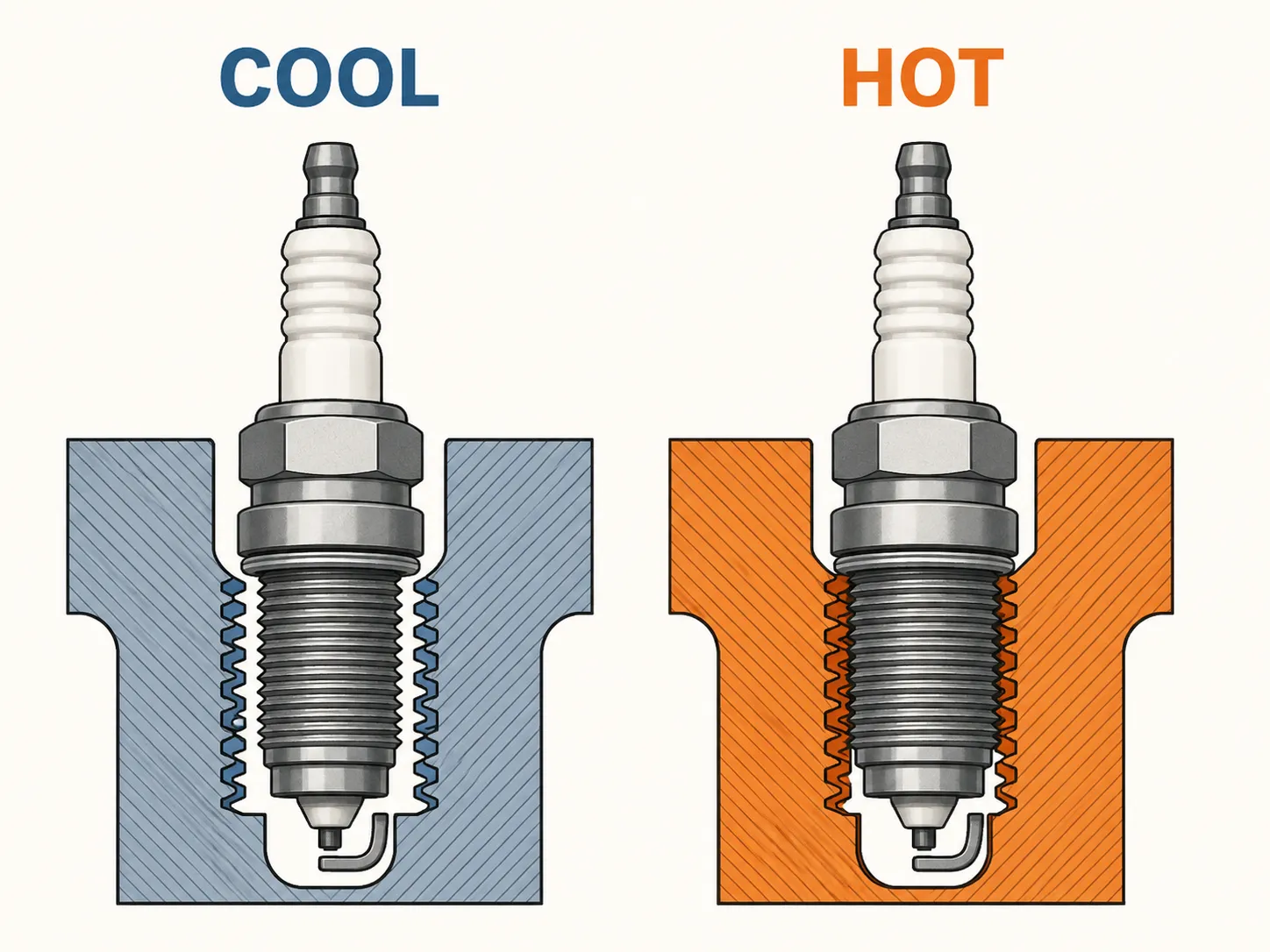 Technical illustration comparing a spark plug in a cool versus hot aluminum cylinder head, showing how thermal expansion tightens the threaded fit and makes plug removal more difficult.