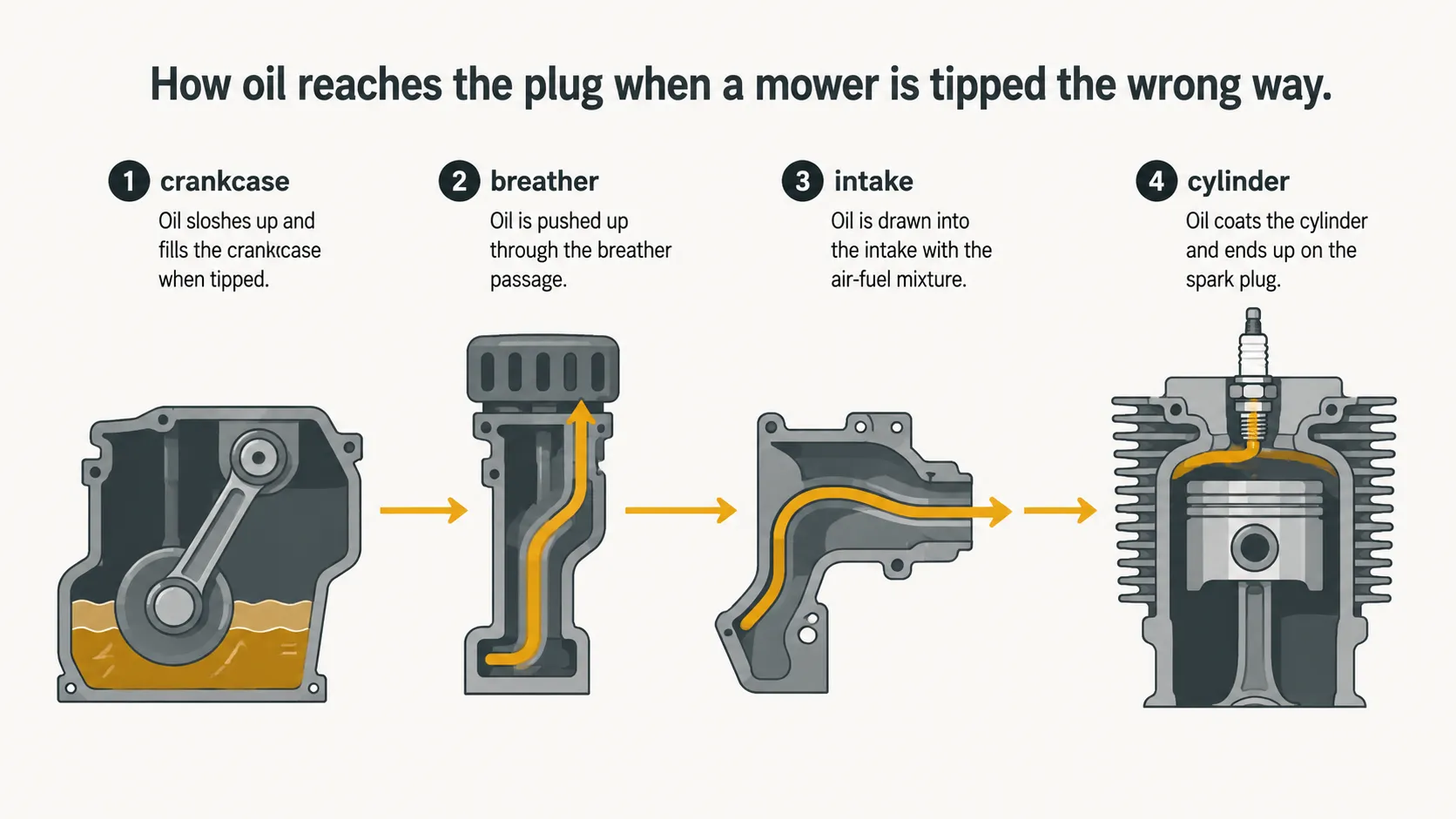 Flat vector diagram showing how oil travels from the crankcase through the breather, intake, and cylinder to the spark plug when a lawn mower is tipped the wrong way.