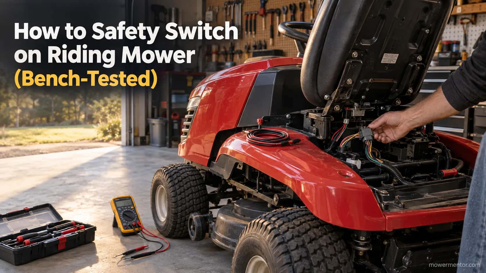 riding mower with seat raised and a multimeter ready to test the safety switches